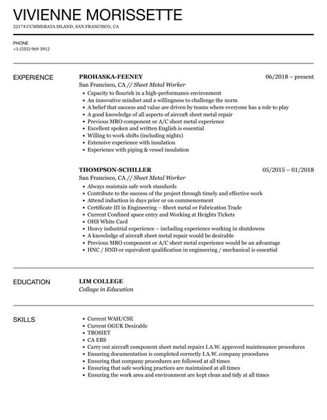 sheet metal fabricator resume|sheet metal worker job description.